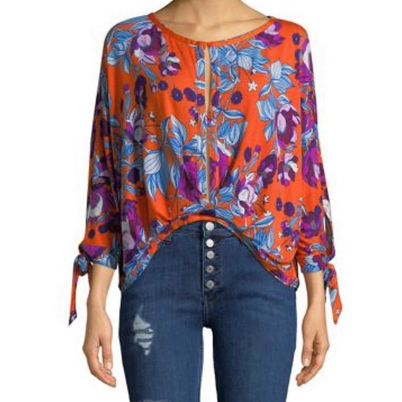 Free People Orange Jersey Keepin On Stretch Floral High Low Drapey Blouse - Picture 3 of 11